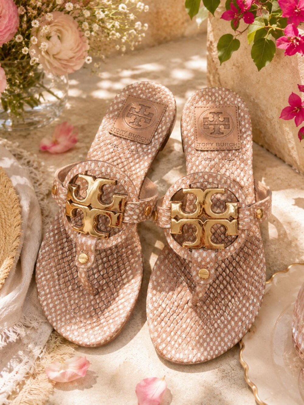 Tory Burch Metal Miller Snakeskin Sandals Blush